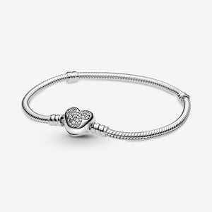 Charms 925 Sterling Solid Silver Bracelet Heart T-Bar Cuff Chain Sparkling Blue Disc Clasp Snake Chain Bracelet Women Jewelry