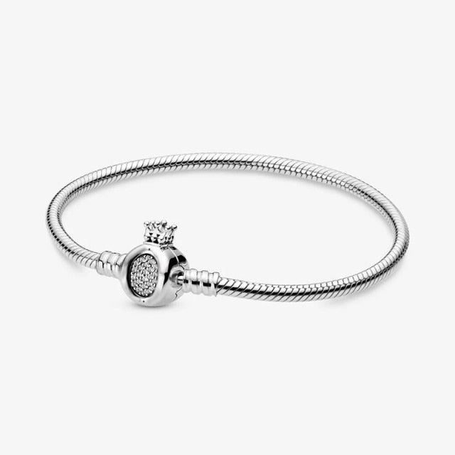 Charms 925 Sterling Solid Silver Bracelet Heart T-Bar Cuff Chain Sparkling Blue Disc Clasp Snake Chain Bracelet Women Jewelry