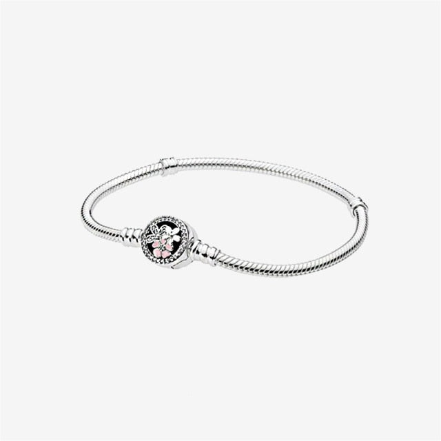 Charms 925 Sterling Solid Silver Bracelet Heart T-Bar Cuff Chain Sparkling Blue Disc Clasp Snake Chain Bracelet Women Jewelry