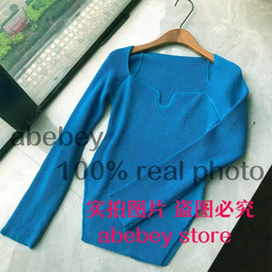 2021 new spring and summer fashion women clothes sqaure collar full sleeves elastic high waist sexy pullover WK080