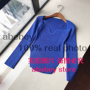 2021 new spring and summer fashion women clothes sqaure collar full sleeves elastic high waist sexy pullover WK080