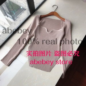 2021 new spring and summer fashion women clothes sqaure collar full sleeves elastic high waist sexy pullover WK080