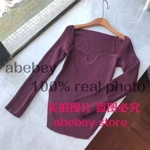 2021 new spring and summer fashion women clothes sqaure collar full sleeves elastic high waist sexy pullover WK080