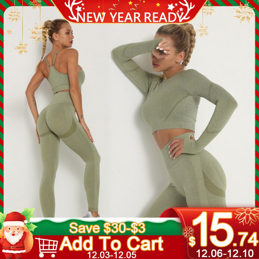 Women's Sets Skinny Tracksuit Breathable Bra Long Sleeve Top Seamless Outfits High Waist Push Up Leggings Gym Clothes Sport Suit