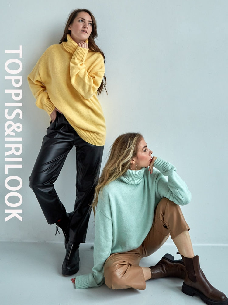 Toppies 2021 Autumn Winter Women's Sweater 15% Wool Green Turtleneck Sweater Knitted Tops Jumper Korean Clothes