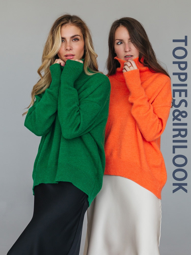 Toppies 2021 Winter Thick Warm Sweater Turtleneck Oversize Pullovers Jumper Female Knitted Tops Irregular Hem Clothing
