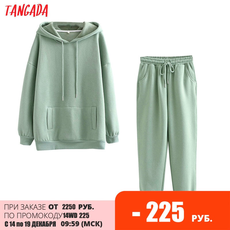 Tangada 2021 Autumn Winter Women tracksuit thick fleece 100% cotton suit 2 pieces sets hoodies sweatshirt and pants suits 6L17
