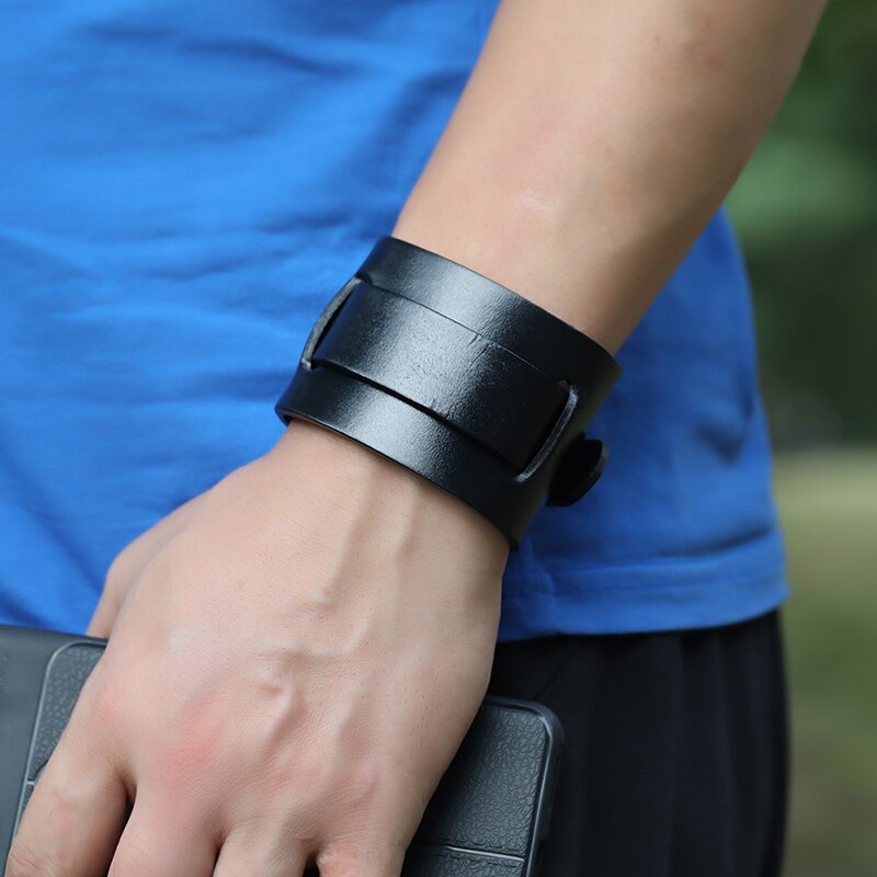 Retro Male Punk Wide Belt Leather Wristband Bangle Bracelet Adjustable