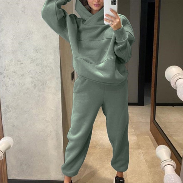 Women Elegant Solid Sets For Women Warm Hoodie Sweatshirts And Long Pant Fashion Two Piece Sets Ladies