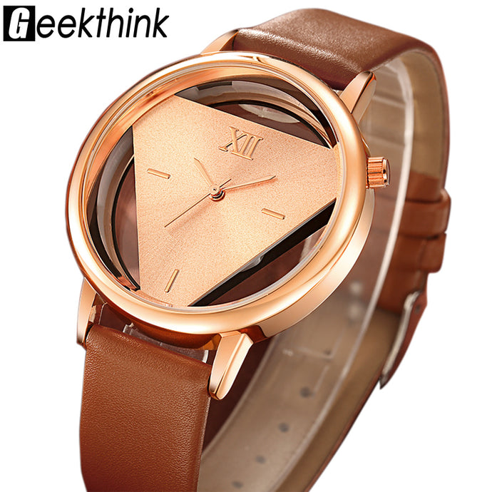 GEEKTHINK Hollow Quartz Watch Women Luxury Brand Gold Ladies Casual Dress Leather Strap Clock Female Girls Trending