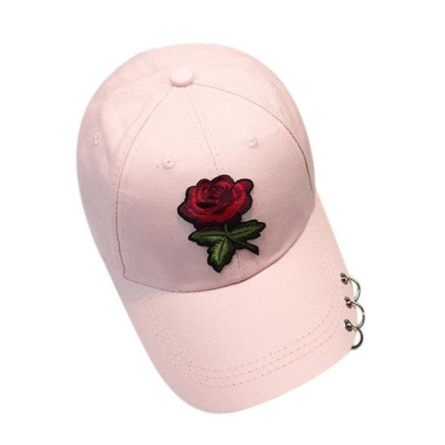 Fashion Brand Caps Women Men 2017 Couple Rose Embroidery Baseball Cap Unisex Iron Ring Snapback 100% cotton Hiphop Flat Hat bone