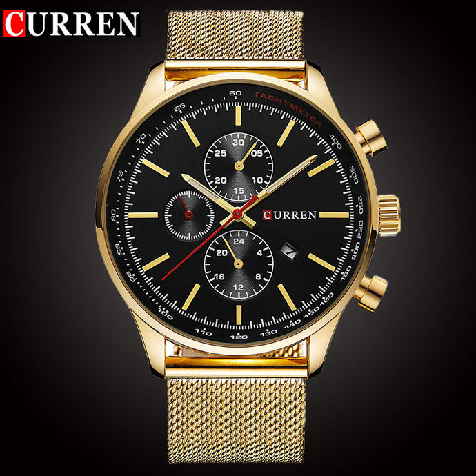 CURREN Luxury Brand Quartz Watch Men's Sport Casual Business Stainless Steel Mesh band Quartz-Watch Fashion Gold Clock male Date