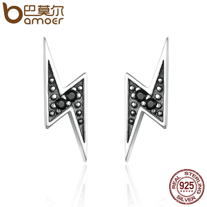 BAMOER New Arrival 100% 925 Sterling Silver Exquisite Lightning & Black CZ Stud Earrings for Women Fine Jewelry Brincos SCE156