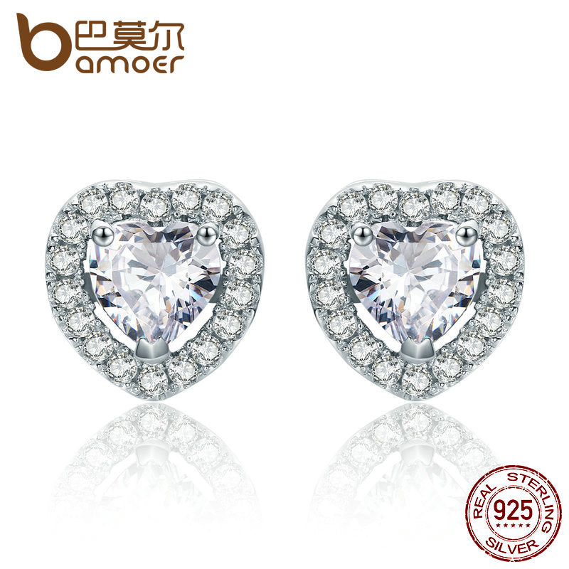 BAMOER New Arrival 925 Sterling Silver Double Heart Love Stud Earrings for Women Clear CZ Silver Earrings Jewelry Brincos SCE059