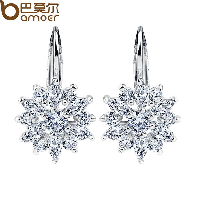 BAMOER Real  Silver Color Stud Earrings Collection with Flower Shape Multicolor/Silver AAA Zircon For Women Jewelry JIE041