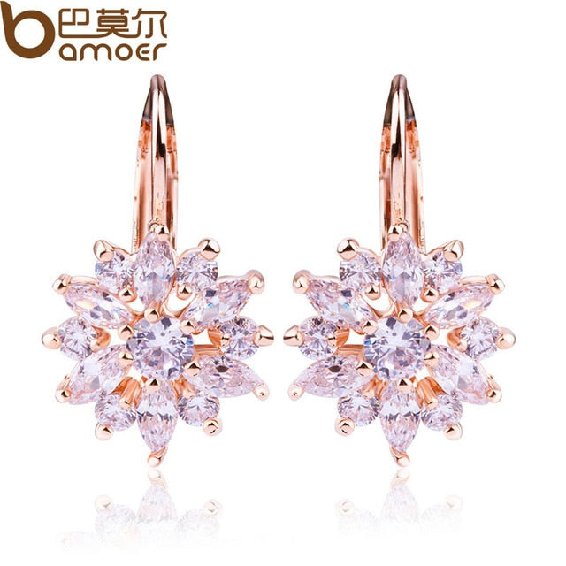 BAMOER Real  Silver Color Stud Earrings Collection with Flower Shape Multicolor/Silver AAA Zircon For Women Jewelry JIE041