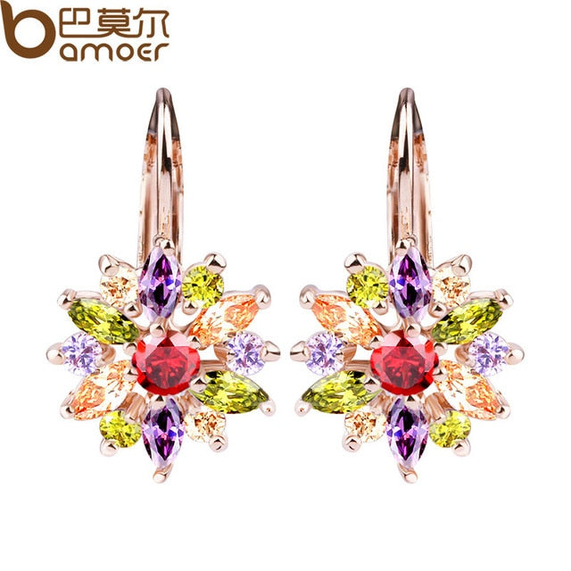 BAMOER Real  Silver Color Stud Earrings Collection with Flower Shape Multicolor/Silver AAA Zircon For Women Jewelry JIE041