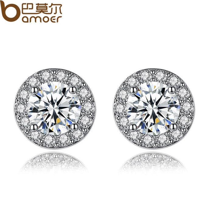 BAMOER Simple Silver Color Round Shape Stud Earrings with AAA Zircon for Women Anniversary Fashion Jewelry YIE092