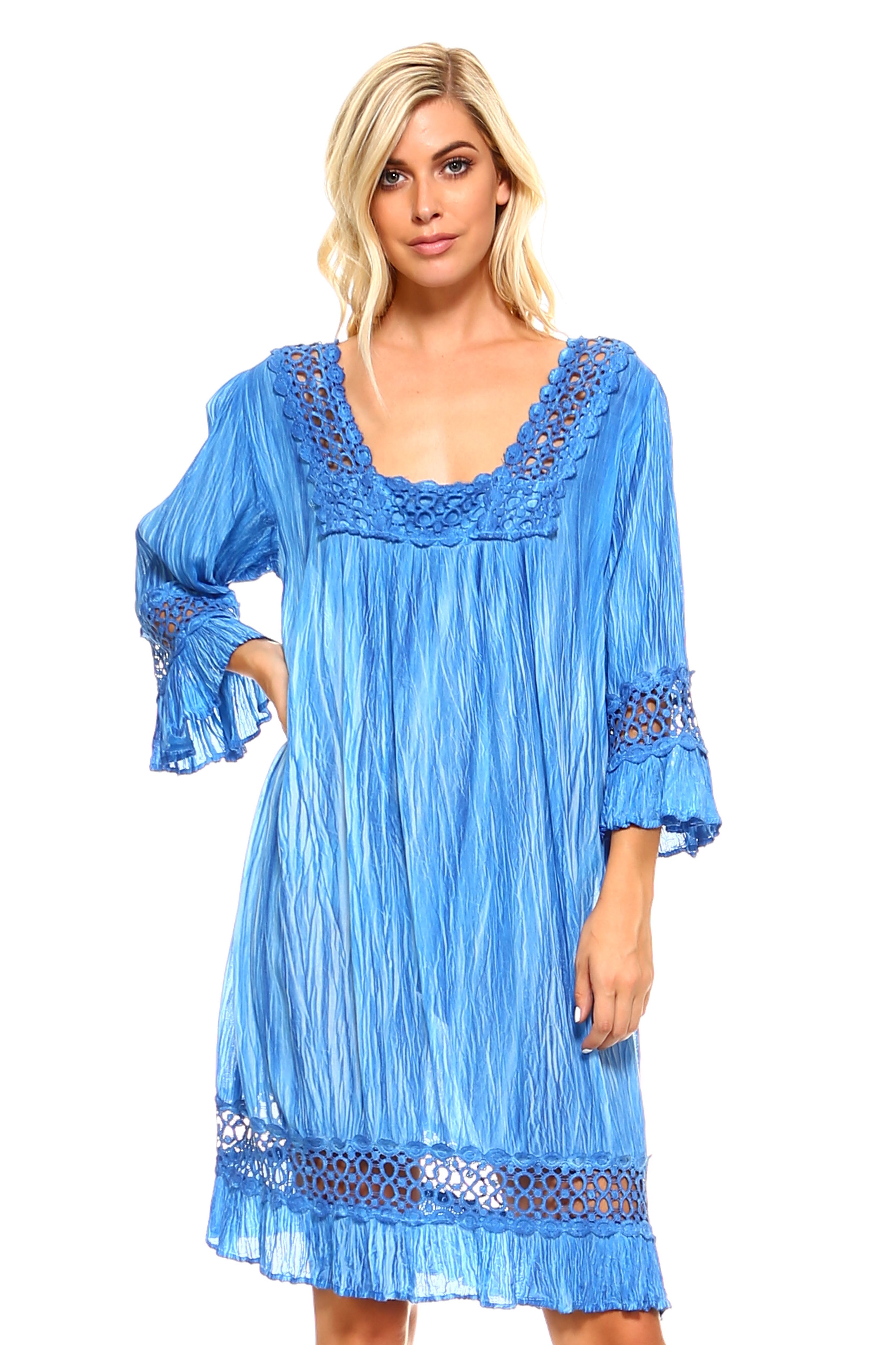 Women's 3/4 Three Quarter Sleeved Crochet Tunic Dress