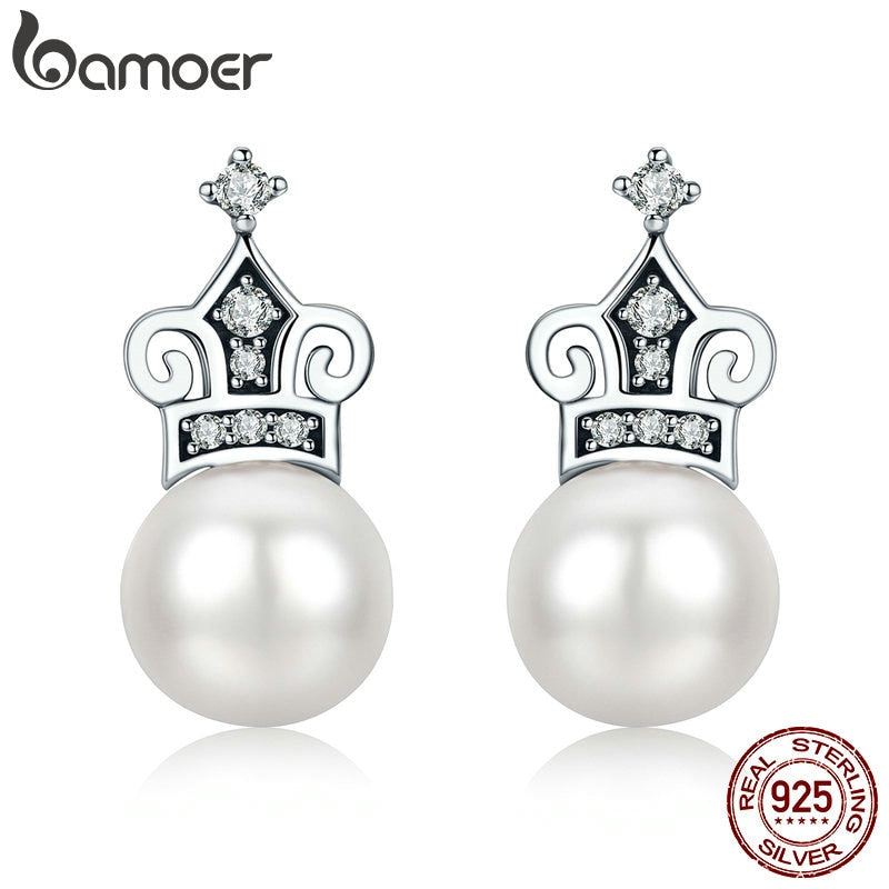 BAMOER Trendy 100% 925 Sterling Silver Princess Crown Romantic Queen Stud Earrings for Women Sterling Silver Jewelry Gift SCE390