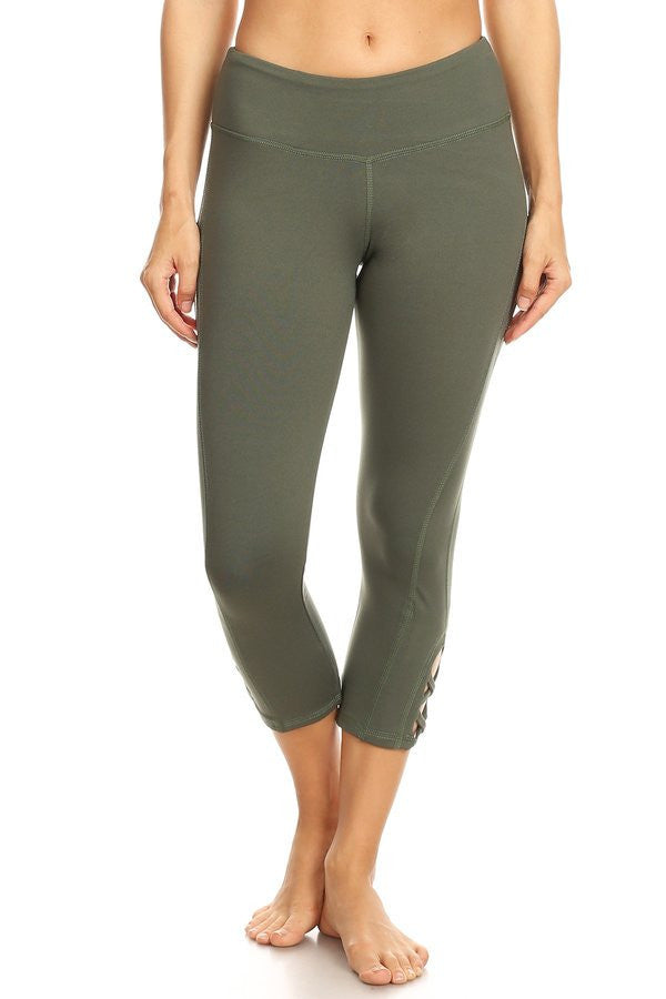 Olive hi-rise legging with a side crisscross strap cutout