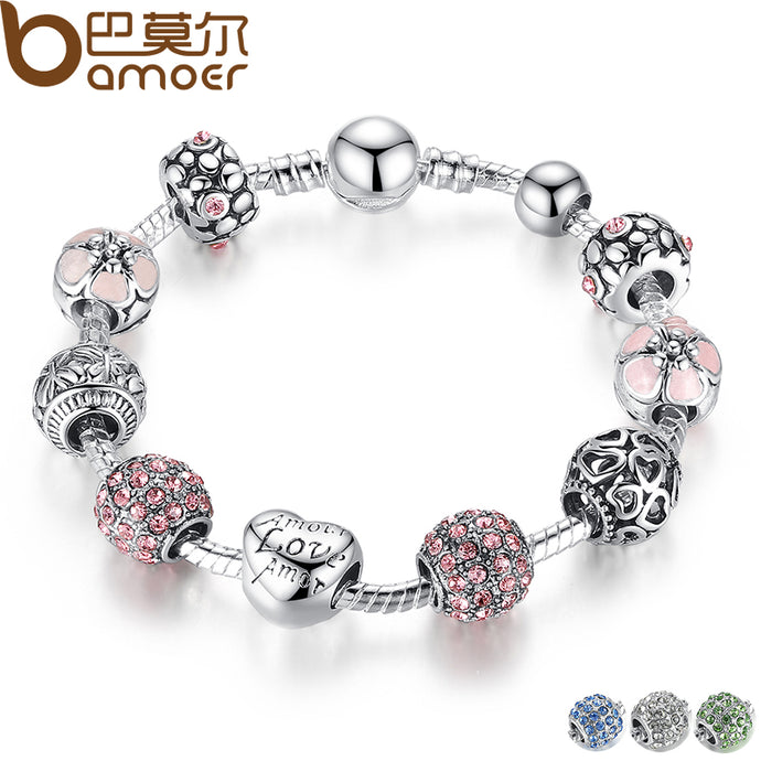 BAMOER TOP SALE Antique Silver Charm Bracelet & Bangle with Love and Flower Beads Women Wedding 4 Colors 18CM 20CM 21CM PA1455