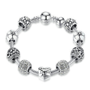 BAMOER TOP SALE Antique Silver Charm Bracelet & Bangle with Love and Flower Beads Women Wedding 4 Colors 18CM 20CM 21CM PA1455