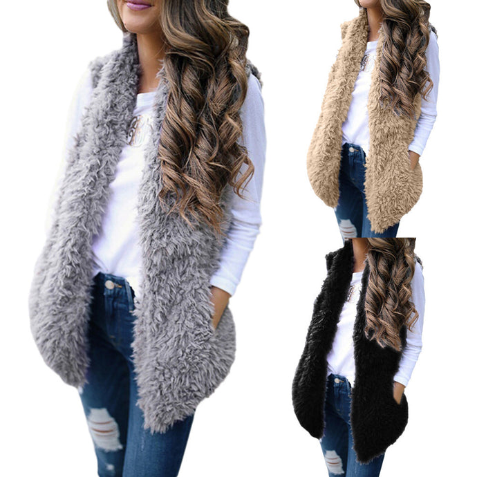 Dames femmes sexy lady fausse fourrure solide gilet sans manches occasionnel chaud gilet