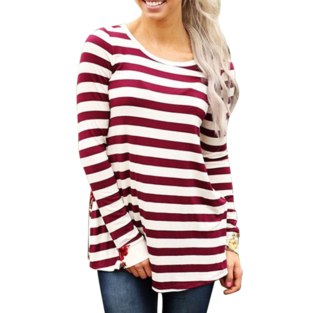 Women Autumn Stripe Floral Long Sleeve Shirt Loose Casual Blouse Tops