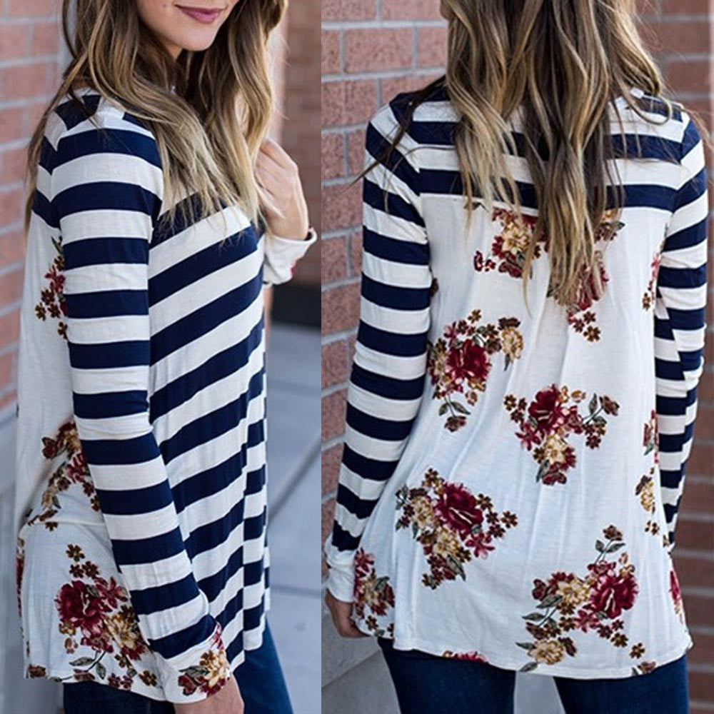 Women Autumn Stripe Floral Long Sleeve Shirt Loose Casual Blouse Tops