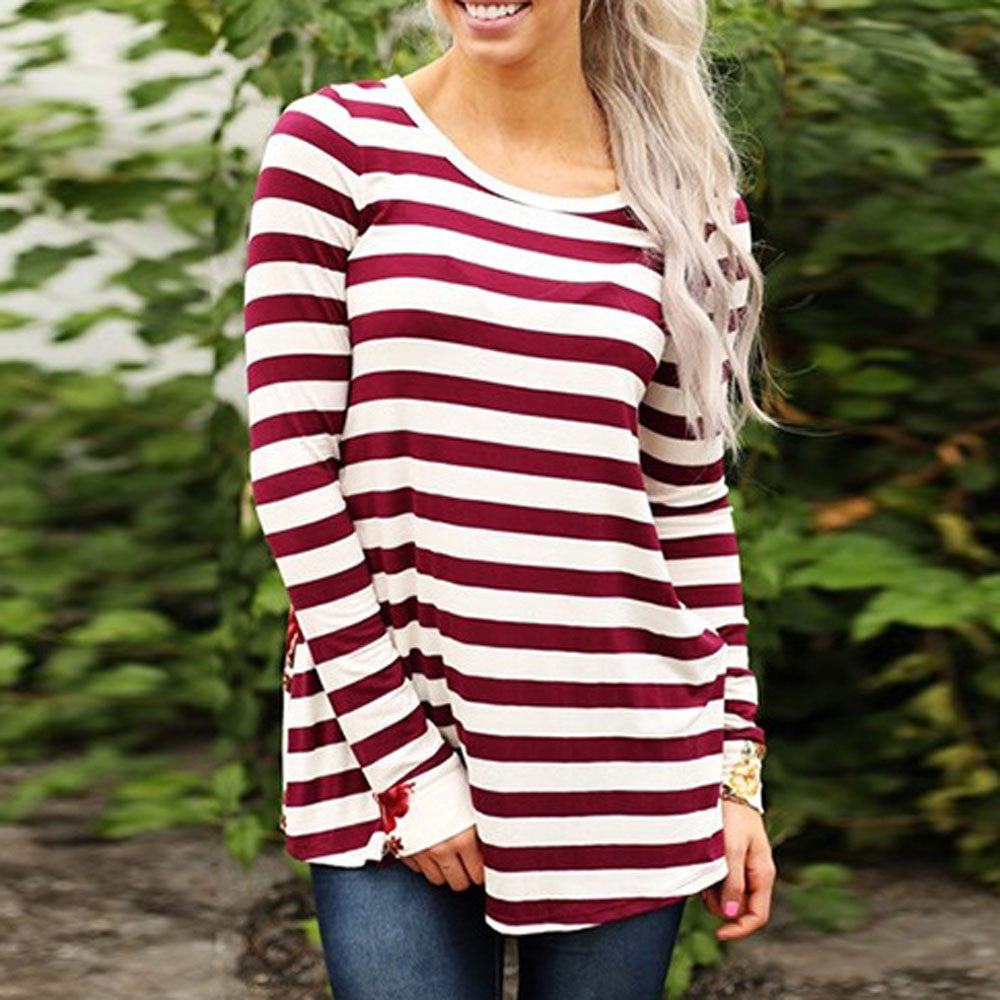 Women Autumn Stripe Floral Long Sleeve Shirt Loose Casual Blouse Tops
