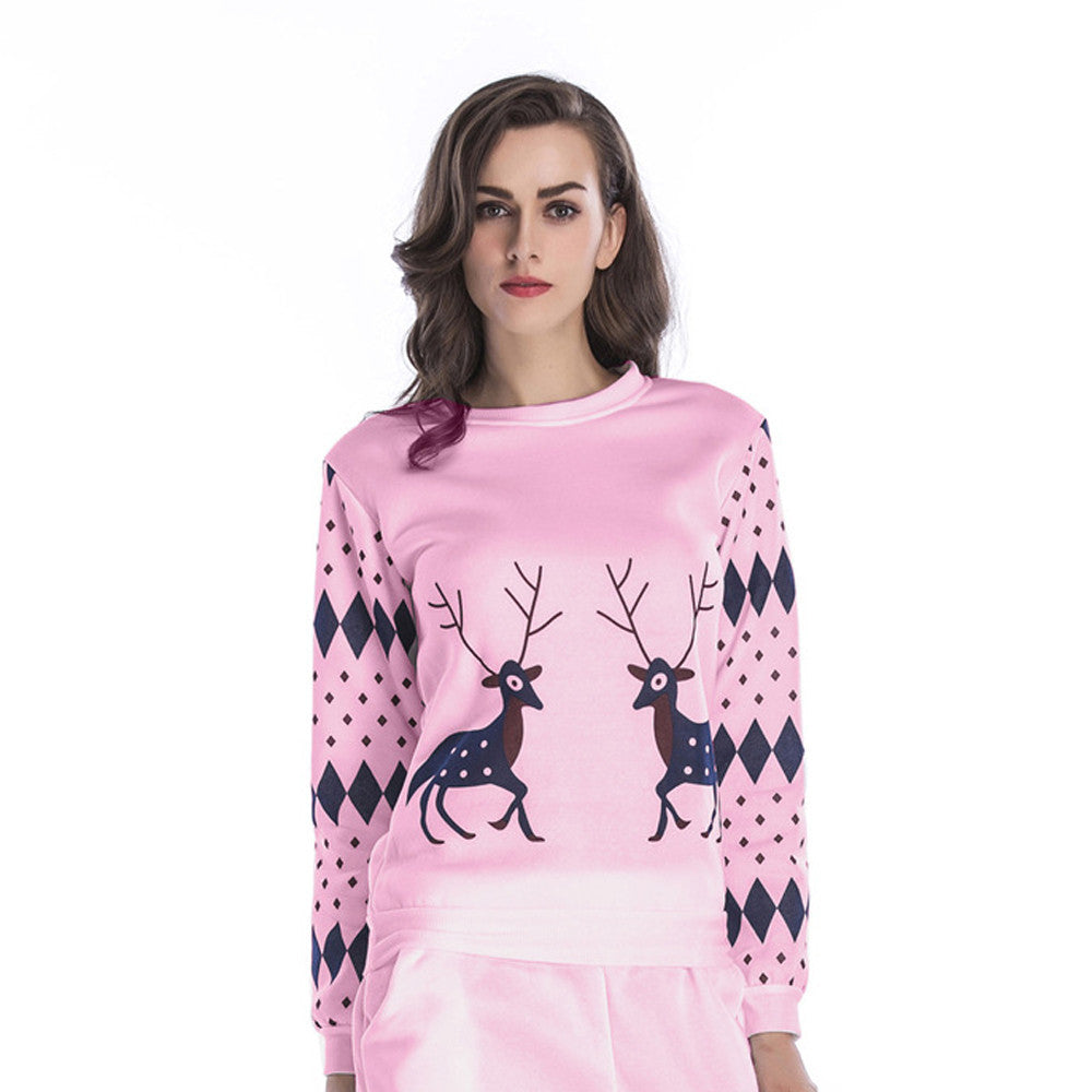 Women Printed Christmas Deer Round Neck Loose Blouse Casual Tops