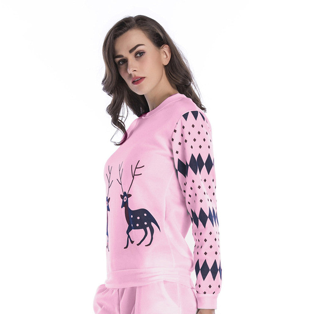Women Printed Christmas Deer Round Neck Loose Blouse Casual Tops