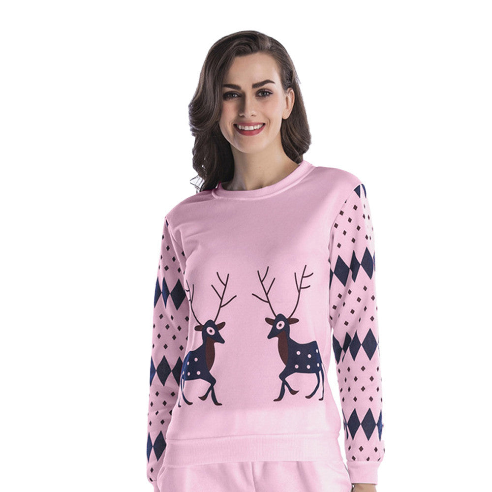 Women Printed Christmas Deer Round Neck Loose Blouse Casual Tops