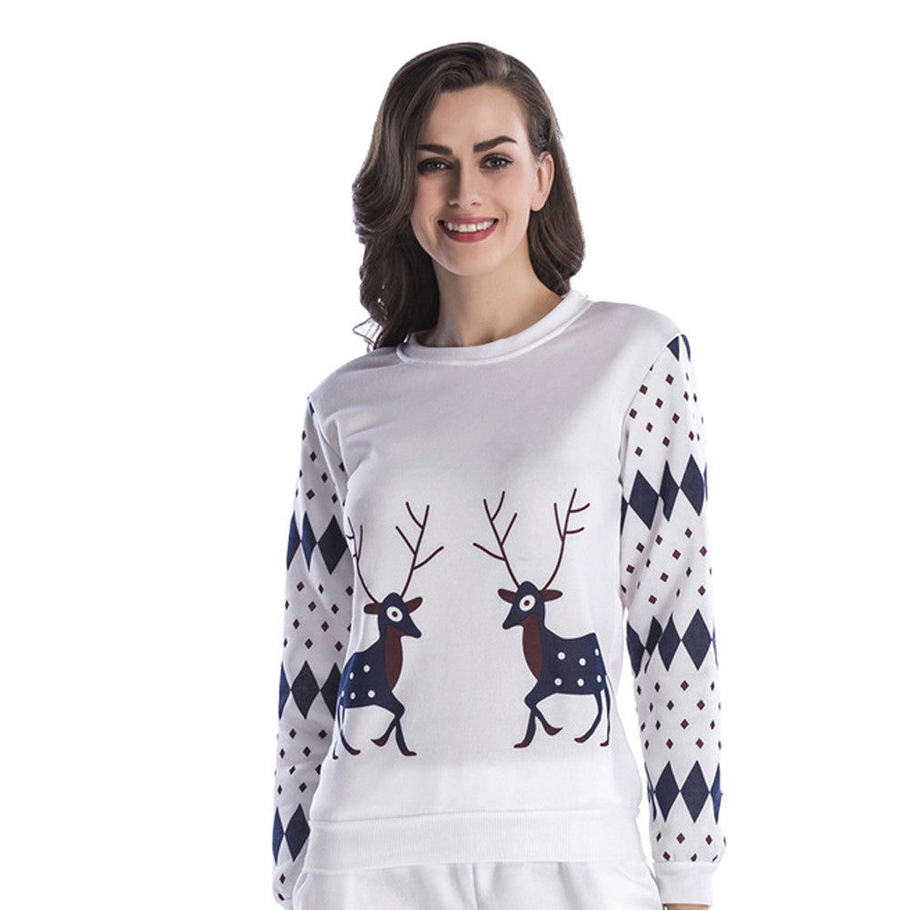 Women Printed Christmas Deer Round Neck Loose Blouse Casual Tops