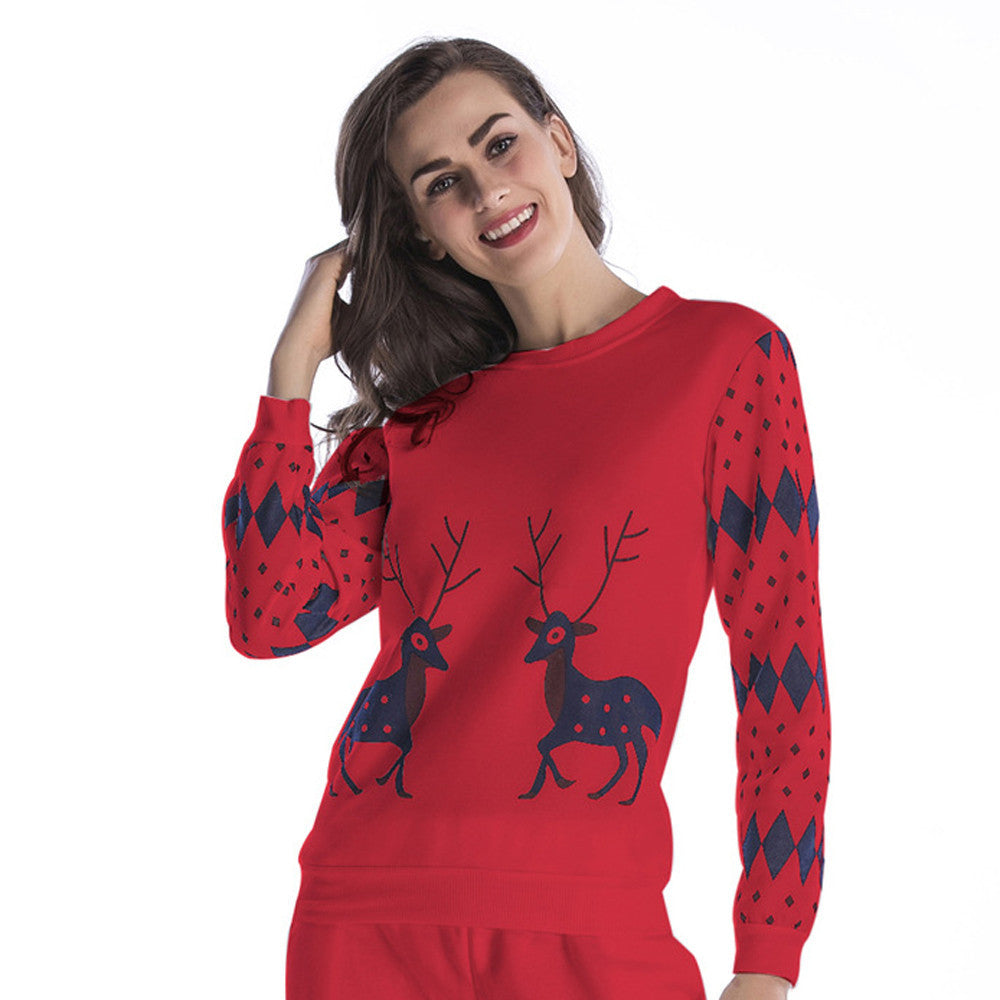 Women Printed Christmas Deer Round Neck Loose Blouse Casual Tops