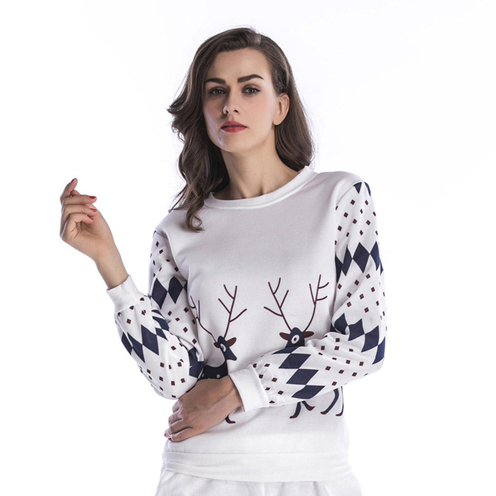 Women Printed Christmas Deer Round Neck Loose Blouse Casual Tops