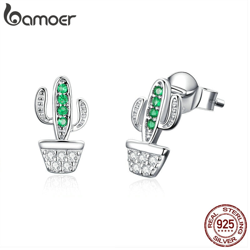 BAMOER Genuine 925 Sterling Silver Green Cactus Plant Fashion Stud Earrings for Women Clear Cubic Zircon Jewelry SCE522