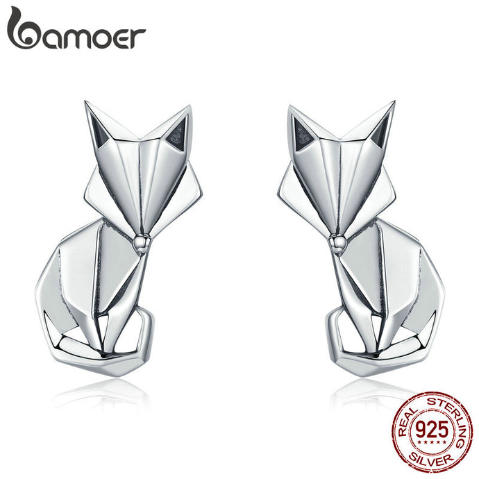 BAMOER Hot Sale Genuine 925 Sterling Silver Fashion Folding Fox Animal Stud Earrings for Women Sterling Silver Jewelry SCE526